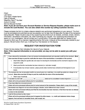 Way2go Card Dispute Transaction Form